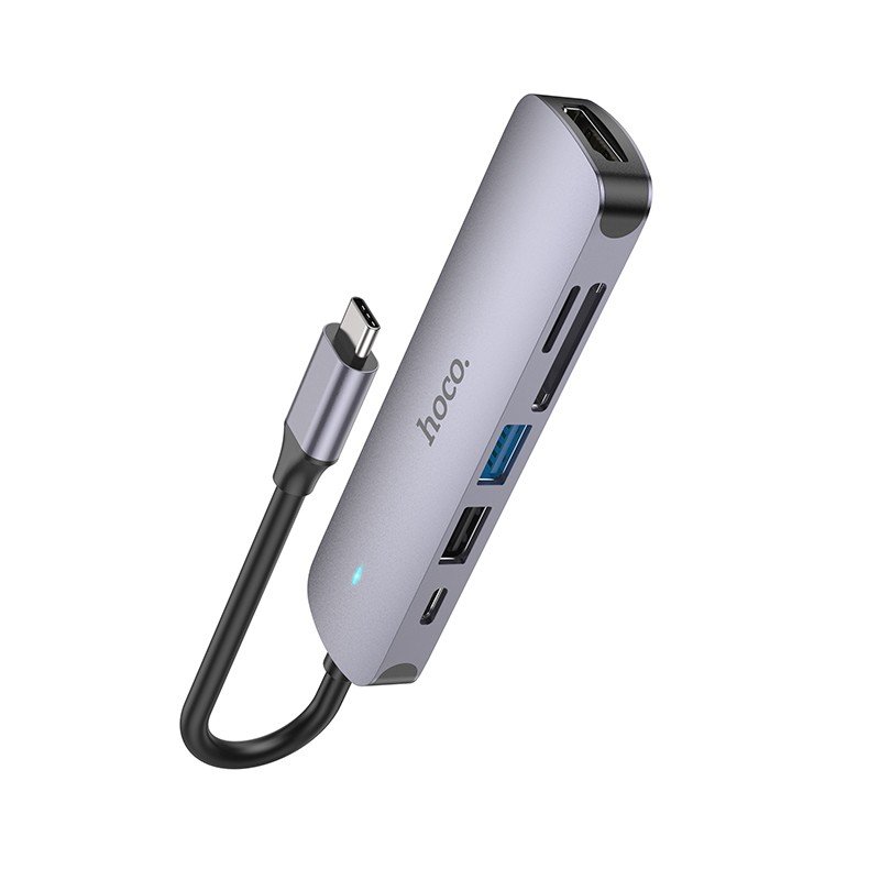 Adapteris Hoco HB28 Type-C Multi-Function Converter HDMI+USB3.0+USB2.0+SD+TF+PD pilkas - Image 2
