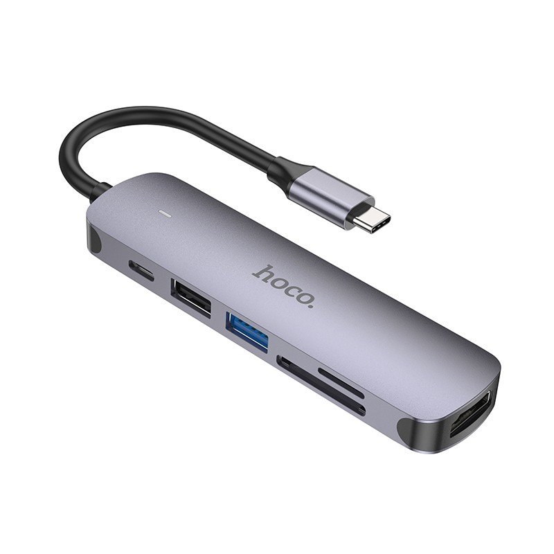 Adapteris Hoco HB28 Type-C Multi-Function Converter HDMI+USB3.0+USB2.0+SD+TF+PD pilkas - Image 3