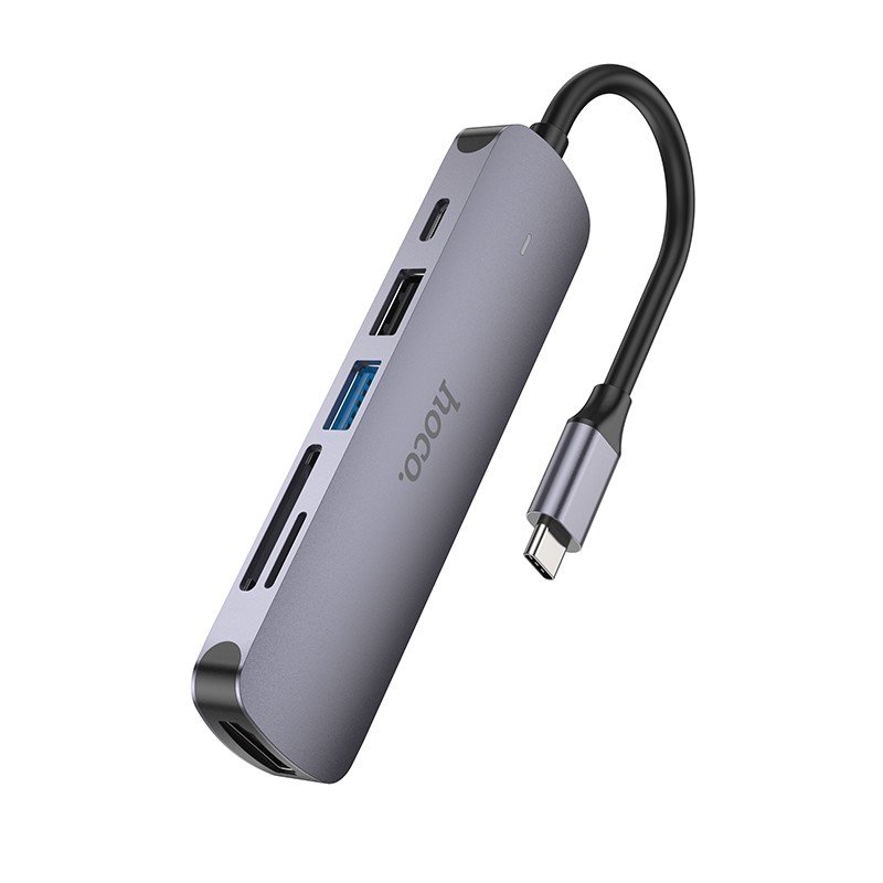 Adapteris Hoco HB28 Type-C Multi-Function Converter HDMI+USB3.0+USB2.0+SD+TF+PD pilkas - Image 4