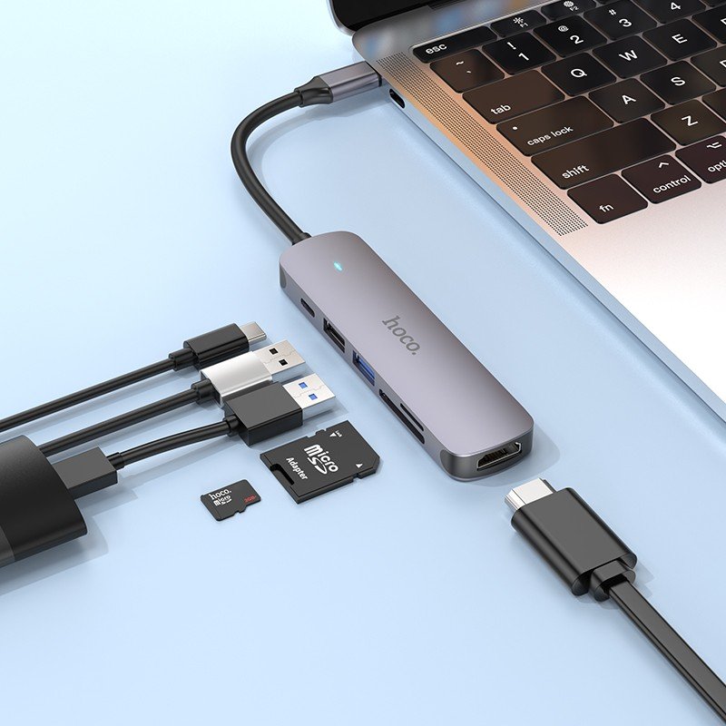 Adapteris Hoco HB28 Type-C Multi-Function Converter HDMI+USB3.0+USB2.0+SD+TF+PD pilkas - Image 5