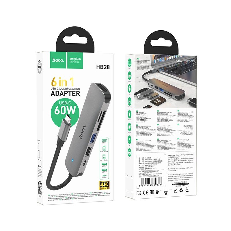 Adapteris Hoco HB28 Type-C Multi-Function Converter HDMI+USB3.0+USB2.0+SD+TF+PD pilkas - Image 6