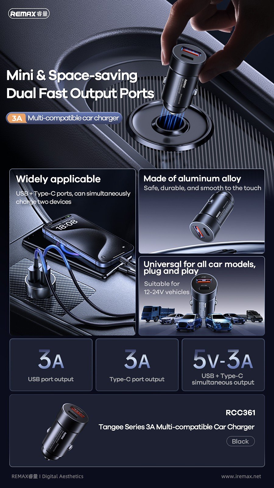 Automobilinis įkroviklis Remax RCC361 15W USB-C/USB-A juodas - Image 3