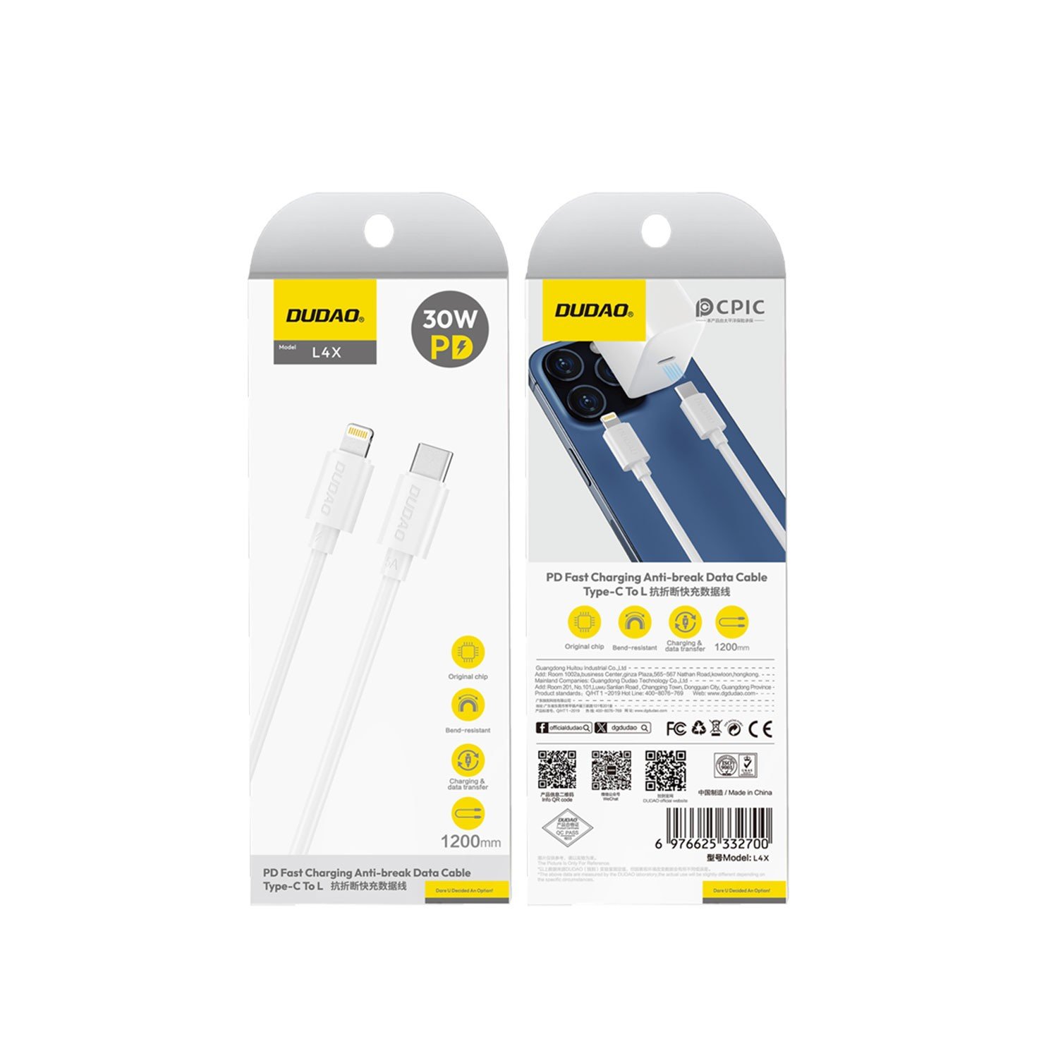 USB kabelis Dudao L4X USB-C to Lightning 30W 1.2m baltas - Image 2